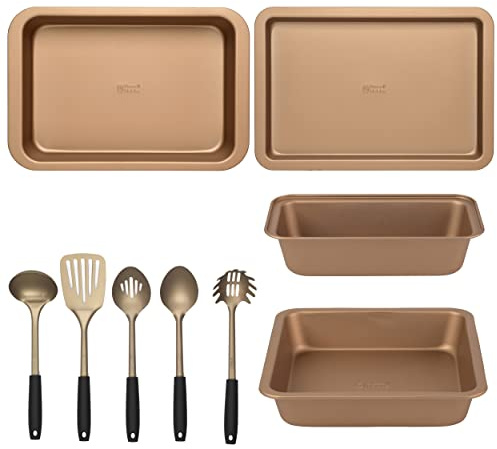Russell Hobbs COMBO-8321 Oven Tray Set & Kitchen Utensils, Roasting Tray, Baking Tray, Square Pan, Loaf Pan, Non-Stick Carbon Steel Cooking Pans, Opulence Collection, Gold