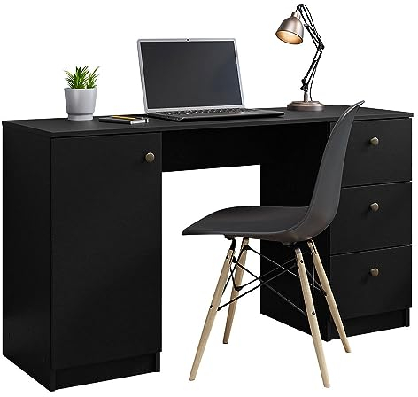 Madesa Executive Computer Writing Desk 53 Inch with 3 Drawers and 1 Door, Metalic Handles Wooden Home Office PC Study Table with Storage - Black
