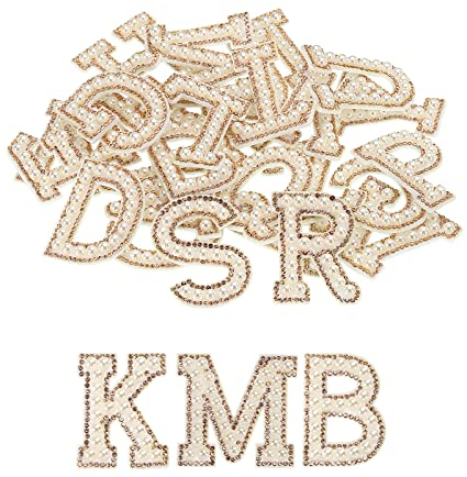 sourcing map Iron on Letter Pearl Letter Patches Rhinestone Gold A-Z Glitter Pearls Rhinestone Alphabet Patches for DIY Clothes Repair Hats Bags Pack of 26