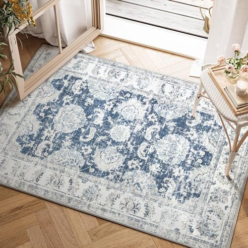 TOPICK Washable Door mat 60x90cm Entryway Navy Blue Floral Rug Indoor Vintage Chenille Print Doormat Thin Small Rug Lightweight Non Slip Carpet for Kitchen Bathroom