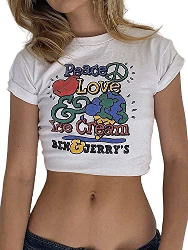 Y2K Short Streetwear Grafik Kurzarm-T-Shirts 2000er Jahre Vintage Druck O-Ausschnitt Baby Tees Cute Summer Kawaii Crop Top Mode