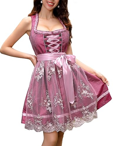 KOJOOIN Trachtenkleid Dirndl Kurz Damen Mid Dirndl mit Spitzenschürze 2tlg. für Oktoberfest A-Weinrot(2tlg.) 36