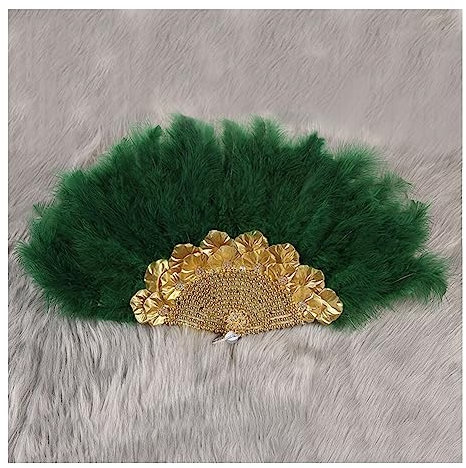 Yurosiay Women's Feather Fan Hand Fan Feathers with Gold Beads Vintage Style 20s Feather Fan Hand Fan Wedding with Feather Elegant Feather Fan for Prom Gatsby Theme Party Dark Green
