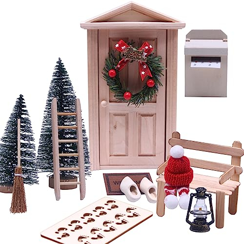 nabeta deco Wichteltür Zubehör Wichteltür Set Weihnachtsbaum Dekokranz Holzleiter Teppich Bank Hüte Schals Laterne Weihnachtswichtel Komplettset Miniatur(25PCS)