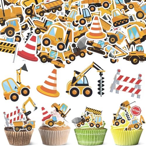 64 Stk Baustelle Tortendeko Essbar Kuchendeko Geburtstag Junge, Bagger Deko Kindergeburtstag 2, Bagger Muffin Deko Essbar,Esspapier Tortendeko Traktor,Cupcake Topper Gabelstapler für Kinder Geburtstag