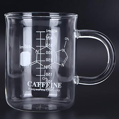 Glass Beaker Mug, 450ml/16oz Graduated Funny Borosilicate Beaker Mug with Handle Coffee Mug Scale and Caffeine Molecular Diagram for Biology and Chemistry Lovers