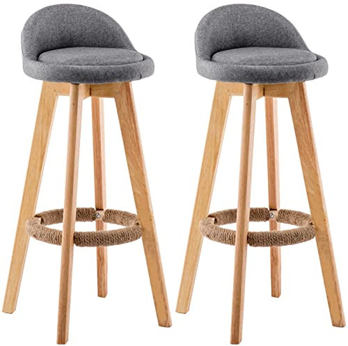 FanXus Drehbare Barstühle aus massivem Holz, Kücheninsel, Frühstückstheke, Barhocker mit Rückenlehne, Leinensitz und Fußstütze, 2 Stück Made in China