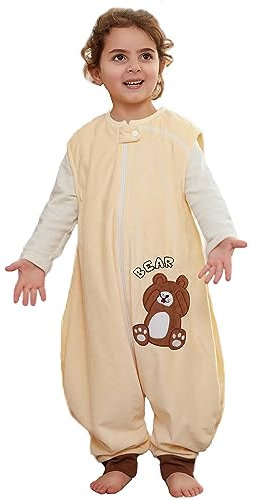 XQ&XG Bebe Gigoteuse a Pied, Unisexe Gigoteuse avec Jambes pour d'été, Gigoteuse sans Manches 1.5 TOG, Turbulette a Pied pour Garçon Fille, Ours, 1-3 ans