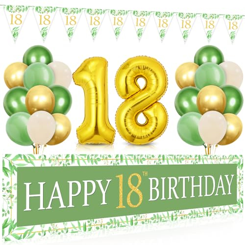 Deko 18 Geburtstag Mädchen Junge, 18 Geburtstag Deko Grün Gold, Lange Happy 18th Birthday Banner 210×40cm, Luftballon 18. Geburtstag und Dreieckiges Flaggen, Grün Gold Geburtstagsdeko 18