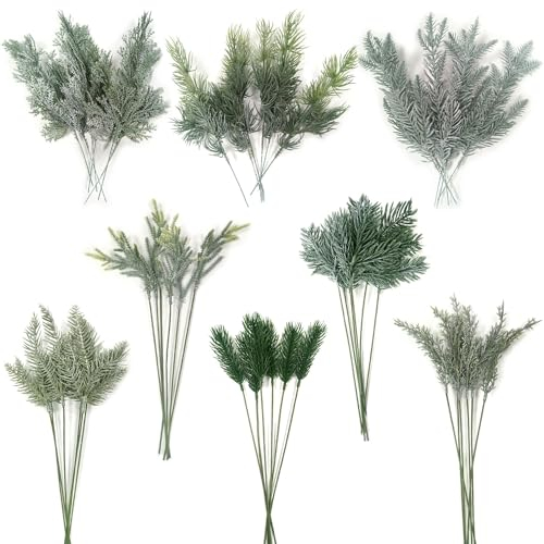 OrgMemory Tannenzweig Grün, Dekozweige Künstliche, 48 Stück mit Stielen, 8 Arten Gefälschte Blätter, für Innendekoration, Schlafzimmer, Balkon (Winterblätter)