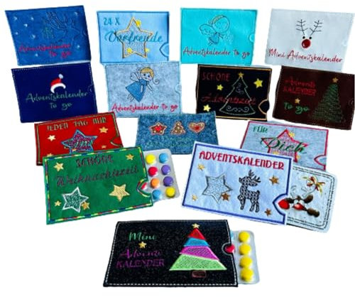Adventskalender to go Hülle personalisiert – Filz oder Glitzer-Kunstleder – mit Stickerei & Wunschmotiv – Geschenkidee Weihnachten – inkl. optionaler Füllung – 13×10 cm
