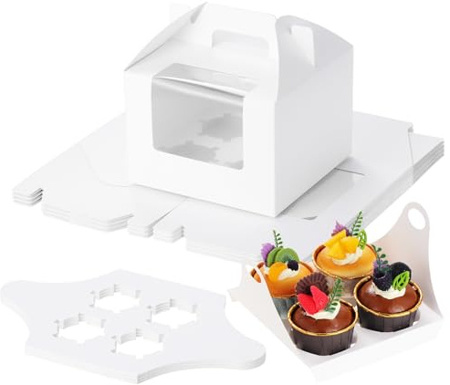 Coolty 25 Stück Cupcake Boxen 4 Löcher Karton Verpackung Boxen Bäckerei Gebäck Boxen mit Griff für Cookies Muffins Cupcakes Desserts Torten (Weiß)