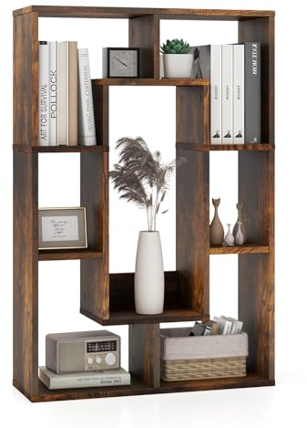 CASART Geometric Bookshelf, Wooden Freestanding Open Bookcase with 7 Cubes & Anti-Toppling Devices, Home Office Storage Rack Display Shelves for Study Living Room Bedroom (Rustic Brown)