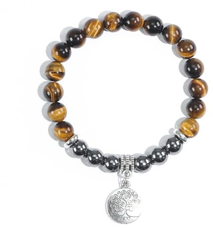 Ouubuuy 8mm Perlen Heilsteine Armband für Damen, Edelstein Anhänger Armband,Chakra Yoga Bergkristall Armband, Paar/Freundschafts/Partner Armbänder (Type-K)