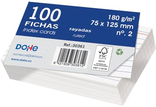 Dohe Karteikarten aus Karton, liniert, 100 Stück, Karten zum Schreiben, Größe 12,5 x 7,5 cm, 180 g, Nr. 2, Büromaterial, Weiß