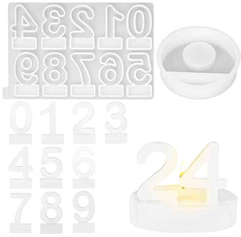 GROFIS 2 Stück Gießformen Silikon DIY, 3D Silikonformen Gießformen mit Zahlen und Kerzenhalter, Kerzen Formen Silikon, Beton Raysin Gießformen Einschieber für Stabkerzen Teelichter (Zahlen 0-9)