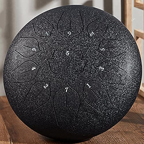 Stahlzungentrommel 12 Zoll 13 Noten Hand Pan Drum Schlaginstrument mit Gig Bag Englisches Liederbuch Trommelschlägel und Fingerpicks für Camping Meditation Musikalische Bildung Yoga,Schwarz