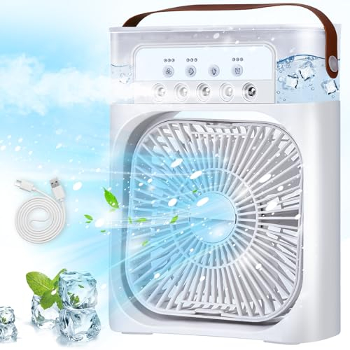 JONRRYIN Mobile Klimageräte Mini Luftkühler, 5 in 1 Klimaanlage Klein Tragbare, Luftbefeuchter, 7 LED Luftkühler Klein mit 3 Geschwindigkeiten, Air Cooler Ventilator mit Wasserkühlung (Weiß)