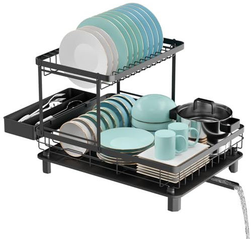 E-MANIS Escurreplatos con placa de drenaje y boquilla giratoria, escurridor de platos con estante para vajilla, escurridor de fregadero