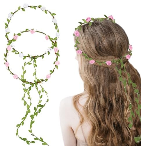 2Pcs Flower Crown, Festival Hair Accessories, Flower Headband Rose Flower Wreath Handmade Bohemian Style Headdress (White+Pink)