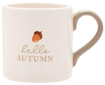 Widdop and Co. - Country Living - White/Grey Glazed Ceramic Mug Cup 300ml - Hello Autumn. Home Decor Gifting for Tea, Coffee, Kitchen & Dining Room + Fall & Nature Lovers - 10.5oz.