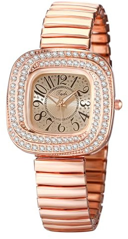 JewelryWe Damenuhr Elastische Quadratische Uhr: Glitzer Zirkonia Analog Quarz Armbanduhr Damen Rosegold Edelstahl Stretch-Armband Kleine Diamant Uhr mit Zugarmband & Eckigem Wirbel-Gehäuse