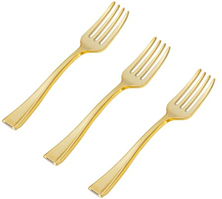 N9R 200PCS Gold Plastic Mini Forks, 4 Inches – Heavy Duty Disposable Cocktail, Dessert & Appetizer Forks, Elegant Party Serving Utensils for Tastings, Finger Foods, Weddings, Events