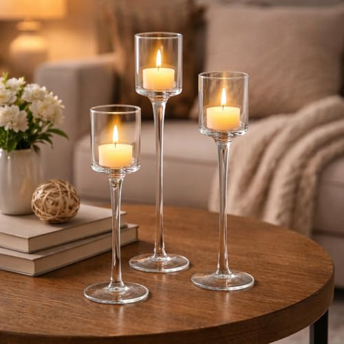 Marco Paul Glass Pillar Candle Holders Tealight Holder Decorative Ornament Centre Piece Home Decor Ornamental Tea Light Candle Holders Wedding Table Decoration Centrepiece - Set of 3