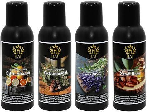 HAF Saunaaufguss Set „Zarte Sinne“ - 4 x 100ml Sauna Aufgussmittel Citro-Orange, Fichtennadel, Lavendel, Sandelholz - Saunaduft mit natürlichen ätherischen Ölen & ohne Zusätze