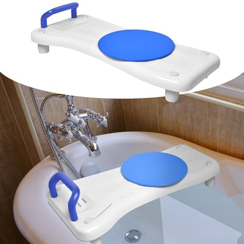 YUENFONG Badewannenbrett mit Drehscheibe, Badewannenbrett Badewannensitz mit Griff, Senioren Erwachsene Wannensitz inkl. Seifenablage, für Duschbrett Badewanne, Blau und Weiß