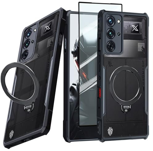 Guizzcg für ZTE Nubia Red Magic 10 Pro/10 Pro+/10S Pro/10S Pro+ Hülle mit Ringständer,Soft TPU Stoßstange + Acryl Rückseite Airbag Stoßfest Sturzfest Schutzhülle [1 Stück Schutzgla],Ständer schwarz