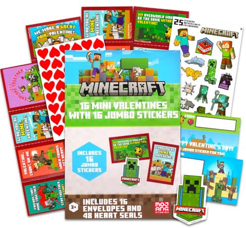 Minecraft Valentinstagskarten für Klassenzimmer für Jungen und Mädchen, 16 Minecraft Valentinstagskarten für Kinder plus Aufkleberbogen, Minecraft Valentines für Klassenzimmer Austausch