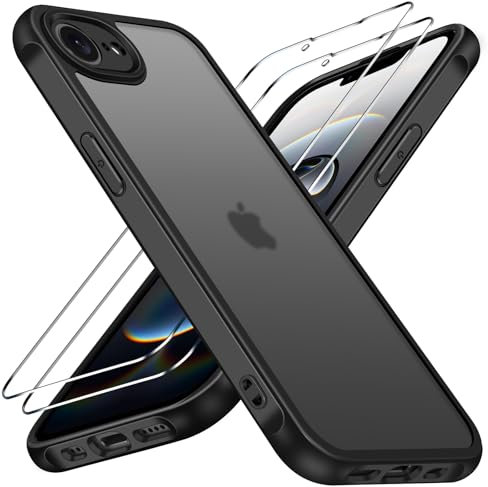 ivoler 3 in 1 Case for iPhone 16e 2025 with 2 Pieces Tempered Glass Screen Protectors, Military Standard Shockproof Cell Phone Case, Matte Translucent Anti-Fingerprint Protective Case, Black
