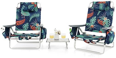 GOPLUS Juego de 2 Sillas Playa y Mesa Plegable, Silla Plegable Reclinable con 5 Posiciones Ajustables, 3 Bolsas de Almacenaje y Almohada, Silla Portátil para Jardín Piscina Camping (Hoja Verde)
