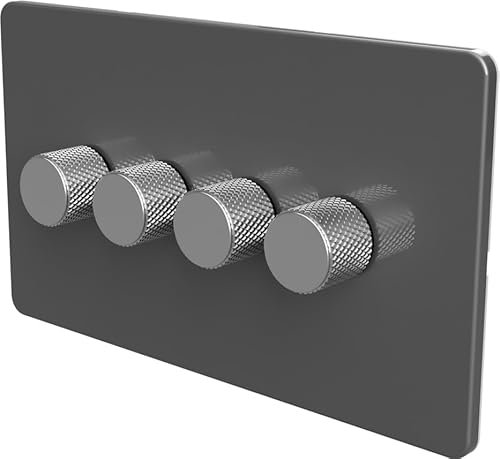 Flat Trailing Edge 2 Way LED Dimmer Switch Rotary Push On/Off for Dimmable LED and Halogen Lights - Grey/Silver 4-Gang