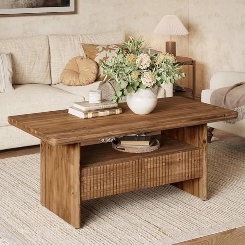 TRIBEWOOD 47.24 Rectangle Accent Center Tea Table with Storage, 2-Tier Solid Wood Coffee Table for Living Room, Modern Fluted Low Cocktail Furniture, Easy Assembly, Rustic Brown
