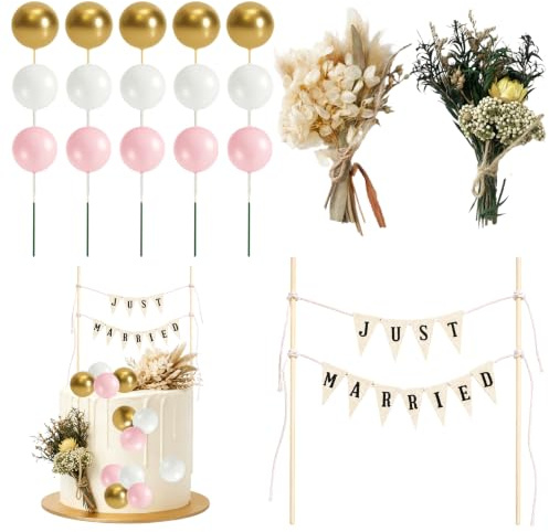 Boho Tortendeko,Just Married Cake Topper,18 Stück Tortendeko Hochzeit | Hochzeits Kuchen Topper,Cake Topper Hochzeit,Boho Kuchendekorationsset,DekoTorte für Hochzeits Jubiläum Verlobung