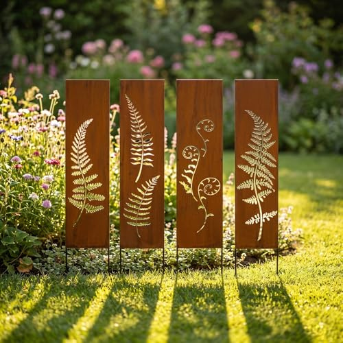Sichtschutz Metall 4x - 11 cm x 44 cm Edelrost Rostoptik Sichtschutz für Garten Sichtschutzelement Sichtschutzwand Gartendekoration Zaun Rost
