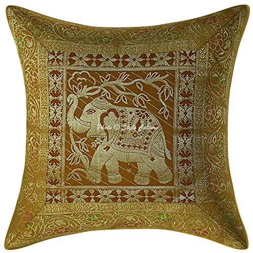 Stylo Culture Indische Dekorativ Brokat Seide Couch Kissenbezüge 40x40 cm Gold Dekokissen Jacquard Schlafzimmer Sofa kopfkissenbezug Elefant Quadrat Bohokissen 16x16 Inch Kissenhullen - 1 STK.