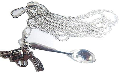 Starfish Records 'CHARLIE GANGSTA'' GUN GANGSTER SPOON 30'' NECKLACE CHAIN SNUFF SNIFF SNORTING POWDER MINIATURE SPOON IBIZA ALICE IN WONDERLAND ORGANZA GIFT BAG