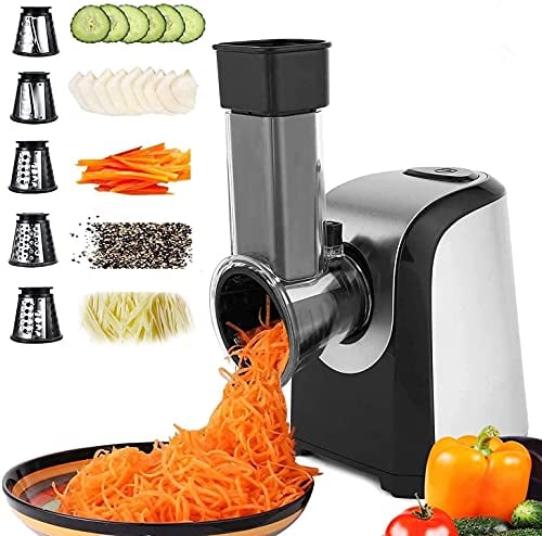 Rallador Eléctrico de Verduras y Fruta, Cortador Verduras 150W, Rallador Eléctrico con 4 Accesorios de Acero Inoxidable Cilindros,Sin BPA Plateado