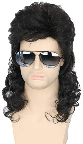 Topcosplay Herren Vokuhila Perücke, Schwarz Lockige Perücke Lang, 80er Jahre Mullet Punk Popstar Perücke Proll Perücke Rockerperücke für Fasching Karneval Halloween
