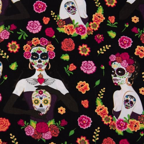 SCHÖNER LEBEN. Baumwollstoff Totenkopf Blumen schwarz pink bunt 1,42m Breite