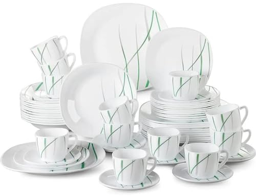 Tafelservice Opalglas, VEWEET avivaglas 60 tlg | Geschirrset beinhatlet Kaffeetassen 220 ml, Untertasse, Dessertteller, Speiseteller und Suppenteller| Kombiservice für 12 Personen