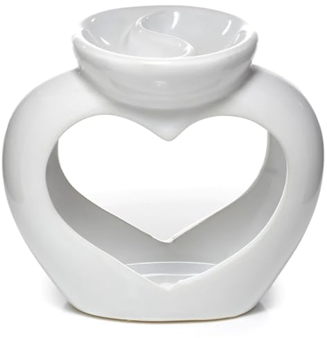 Brucia Essenza per Cera Profumata in Ceramica a Forma di Cuore - Piattino Doppio - Bianco