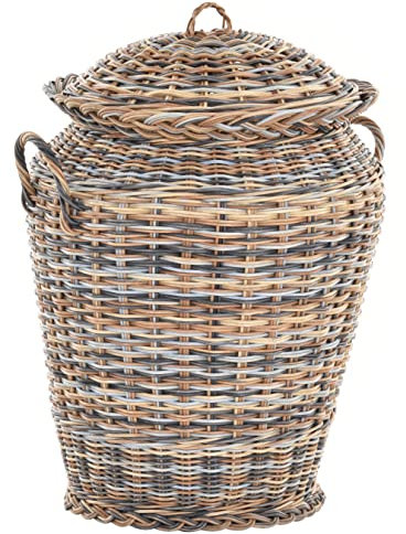 Wäschekorb/Wäschetonne rund aus echtem Rattan, Wäschesammler mit Deckel und Inlett (Mehrfarbig)