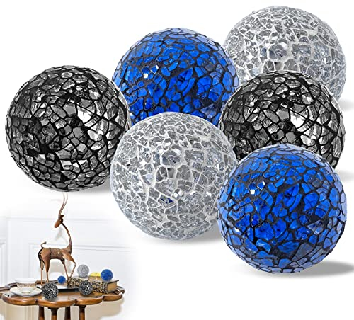 Ginfonr Lot De 6 Boules De Sphère en Mosaïque, Orbes Décoratives, Boules De Décoratives Verre Moderne pour Bols Vases Salle à Manger Table Basse Et Décoration De Maison (Argent, Bleu Océan, Noir)