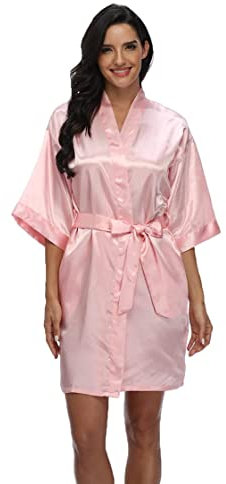 Jarseila Peignoir Satin Femme Robes de Chambre Peignoir Bride Kimonos de Mariee Chemise de Nui Satin Femme Col V Oblique Ensemble de Peignoir Rose S