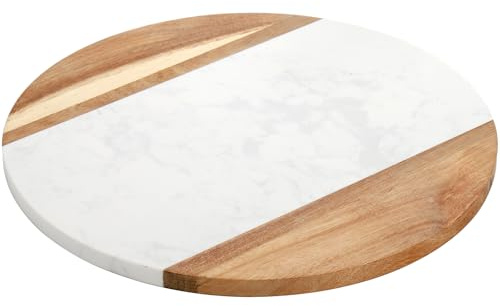 Okllen Tabla de queso de mármol de 12 pulgadas y tabla de servir de madera de acacia, tabla de cortar redonda hecha a mano para queso, embutidos, carne, frutas