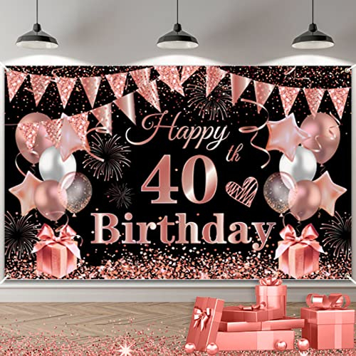 40. Geburtstag Deko Banner Schwarz Roségold, 185x110cm Extra Groß Stoff 40th Geburtstag Hintergrund Schild Poster Banner, 40. Geburtstagsfeier Dekorationen Banner für Mann Frau Geburtstag Party Deko